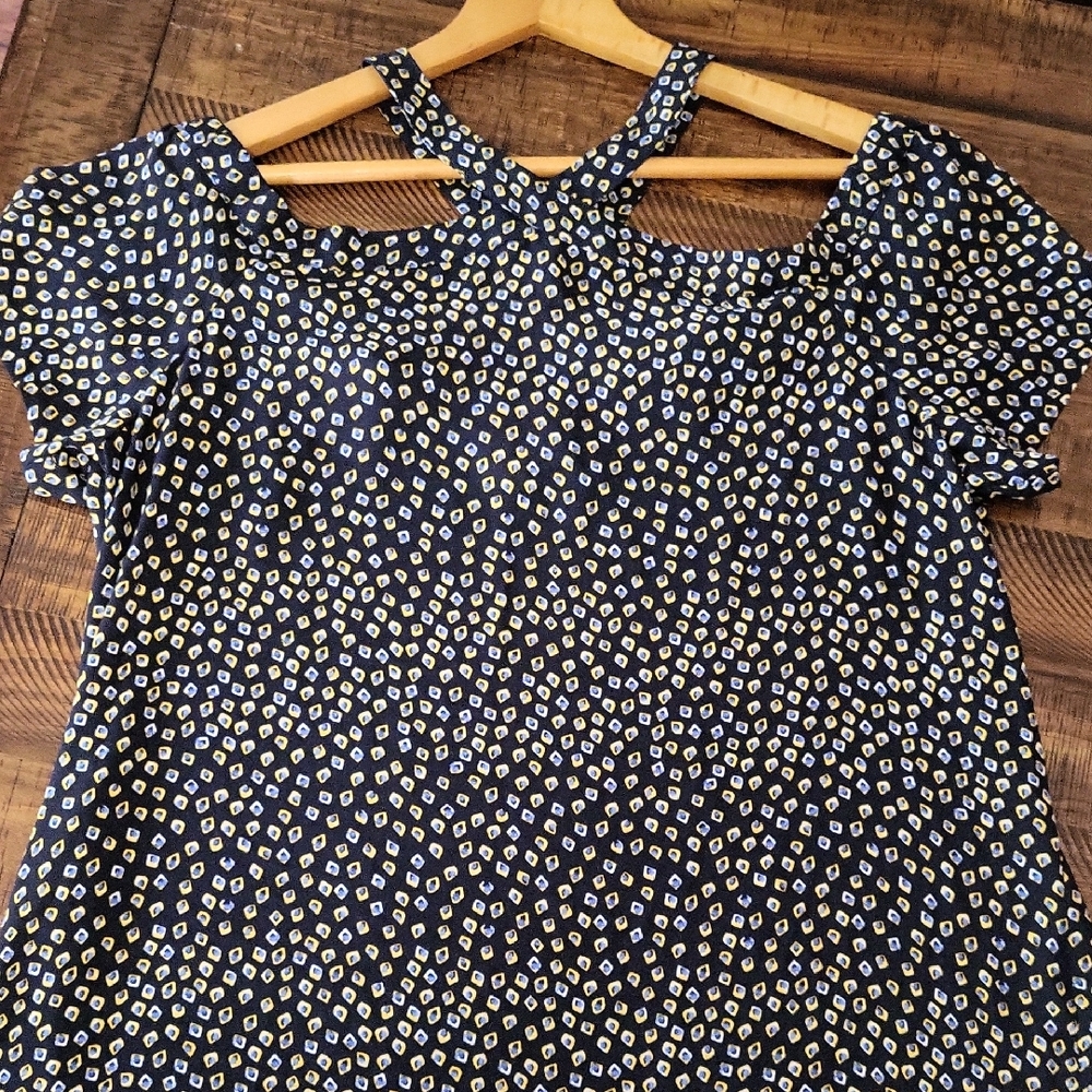 LOFT navy and Yellow Patterned Blouse